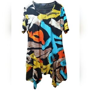 Abstract Color-Block Short Sleeve Tunic - Black/Multi (A3)